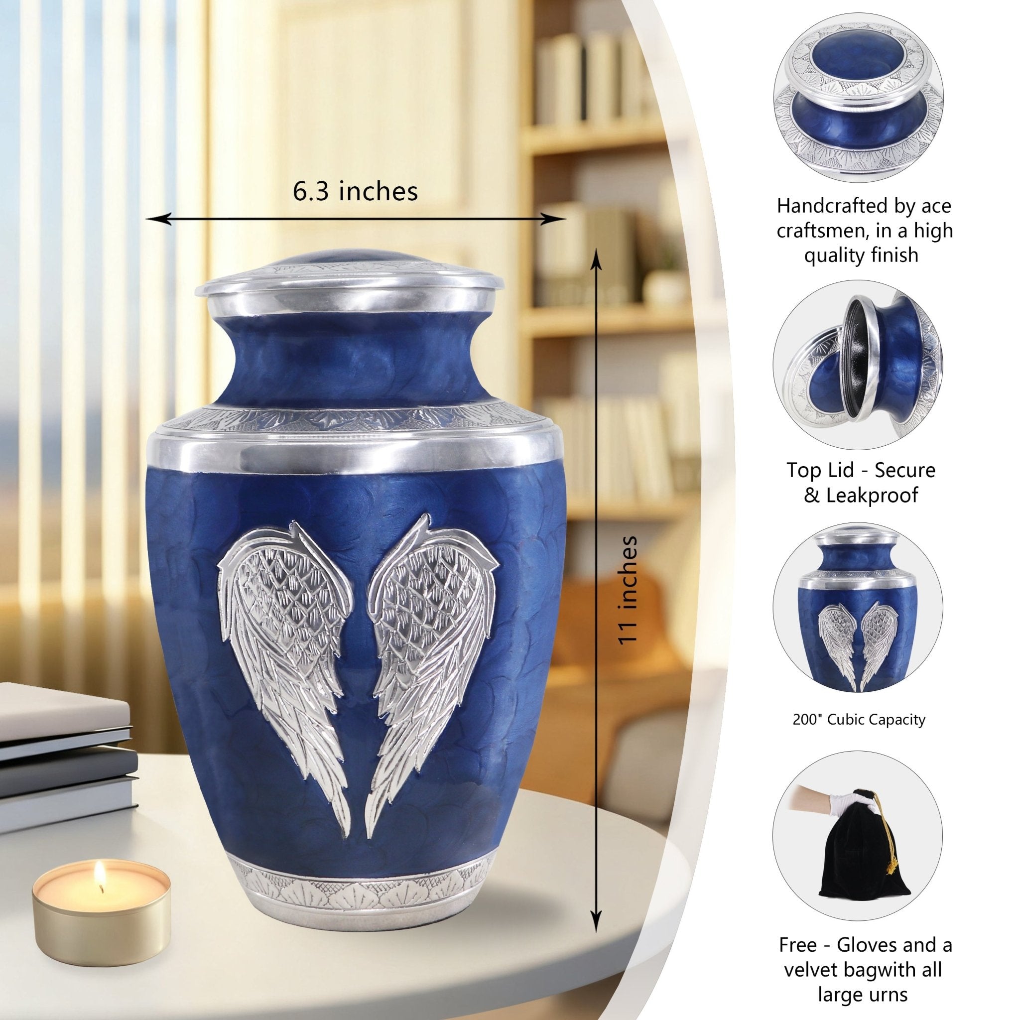 Full size blue etched angel wing cremation urns for adults for father, with size chart and complete accessory set