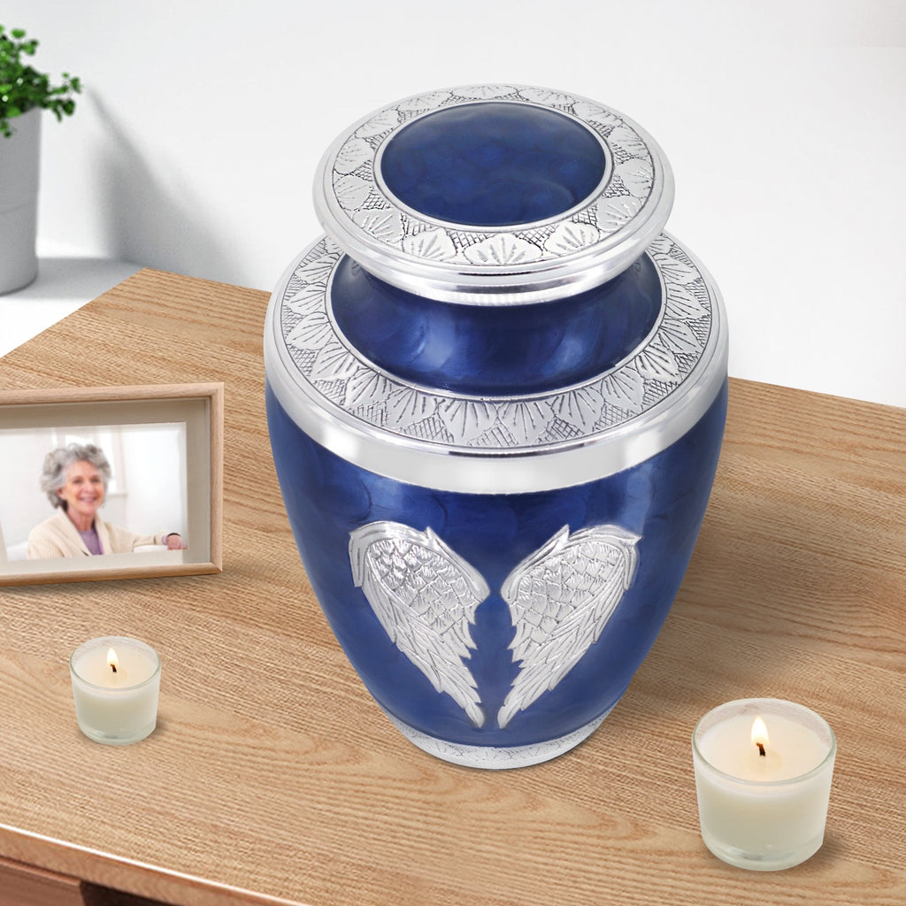 Elegant blue handcrafted angel wing urns for cremation ashes for brother, tabletop memorial metal urn