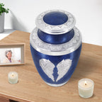 Elegant blue handcrafted angel wing urns for cremation ashes for brother, tabletop memorial metal urn