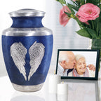 Soft blue hand-etched angel urns for human ashes for mother, decorative memorial urn for home tribute