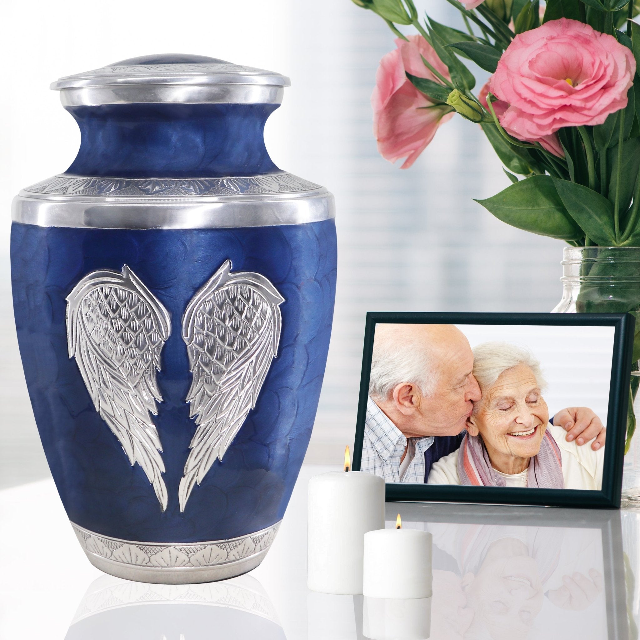 Soft blue hand-etched angel urns for human ashes for mother, decorative memorial urn for home tribute