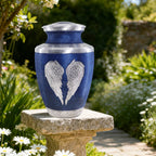 Serene blue finely engraved angel wing cremation urns for human ashes adult for parents, outdoor garden aluminum urn