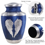Close-up view of blue angel wing urns for cremated remains for dad, with secure threaded seal detail