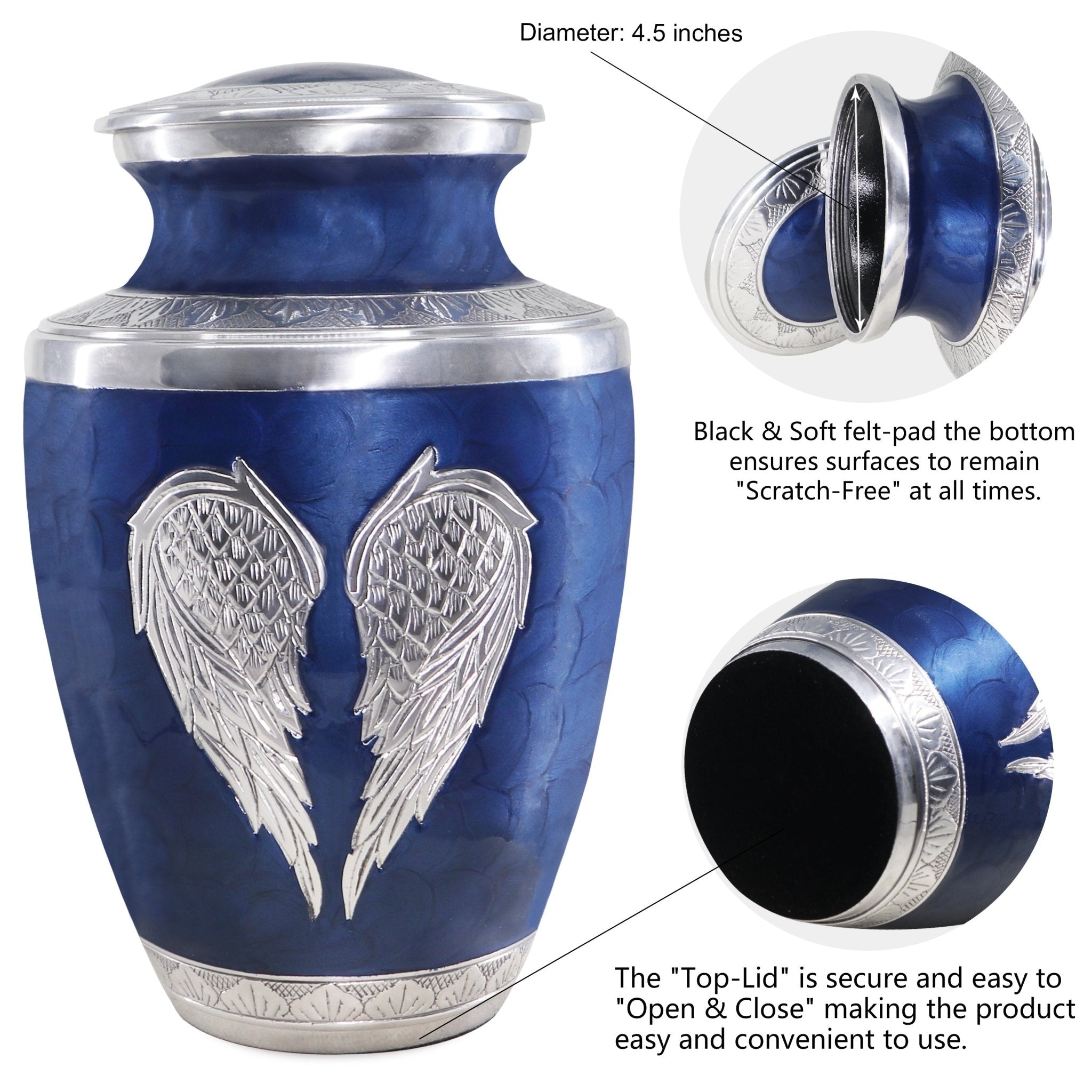 Close-up view of blue angel wing urns for cremated remains for dad, with secure threaded seal detail