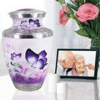 Elegant butterfly urns for human ashes for mother, purple engraved floral funeral urn for home memorial display