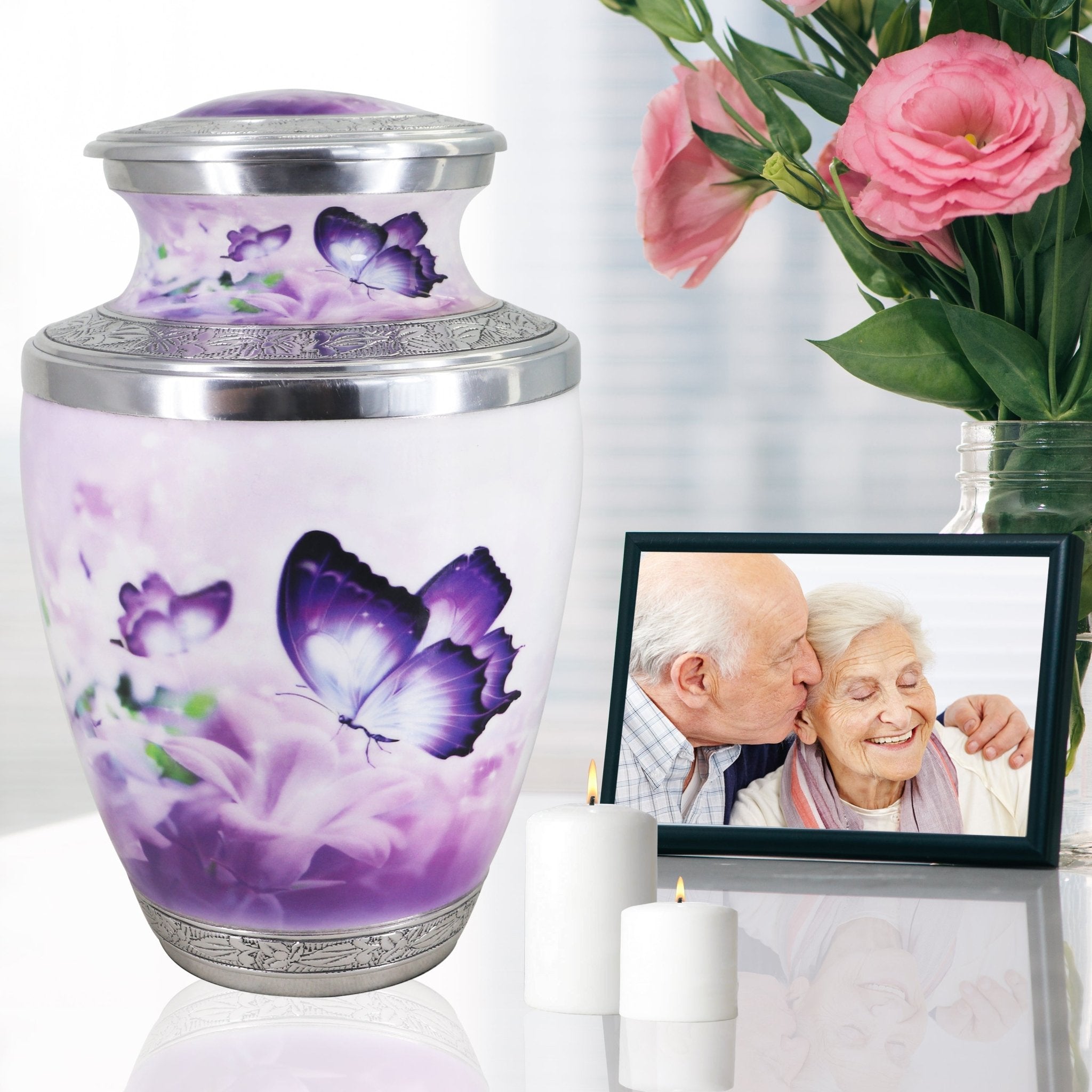 Elegant butterfly urns for human ashes for mother, purple engraved floral funeral urn for home memorial display