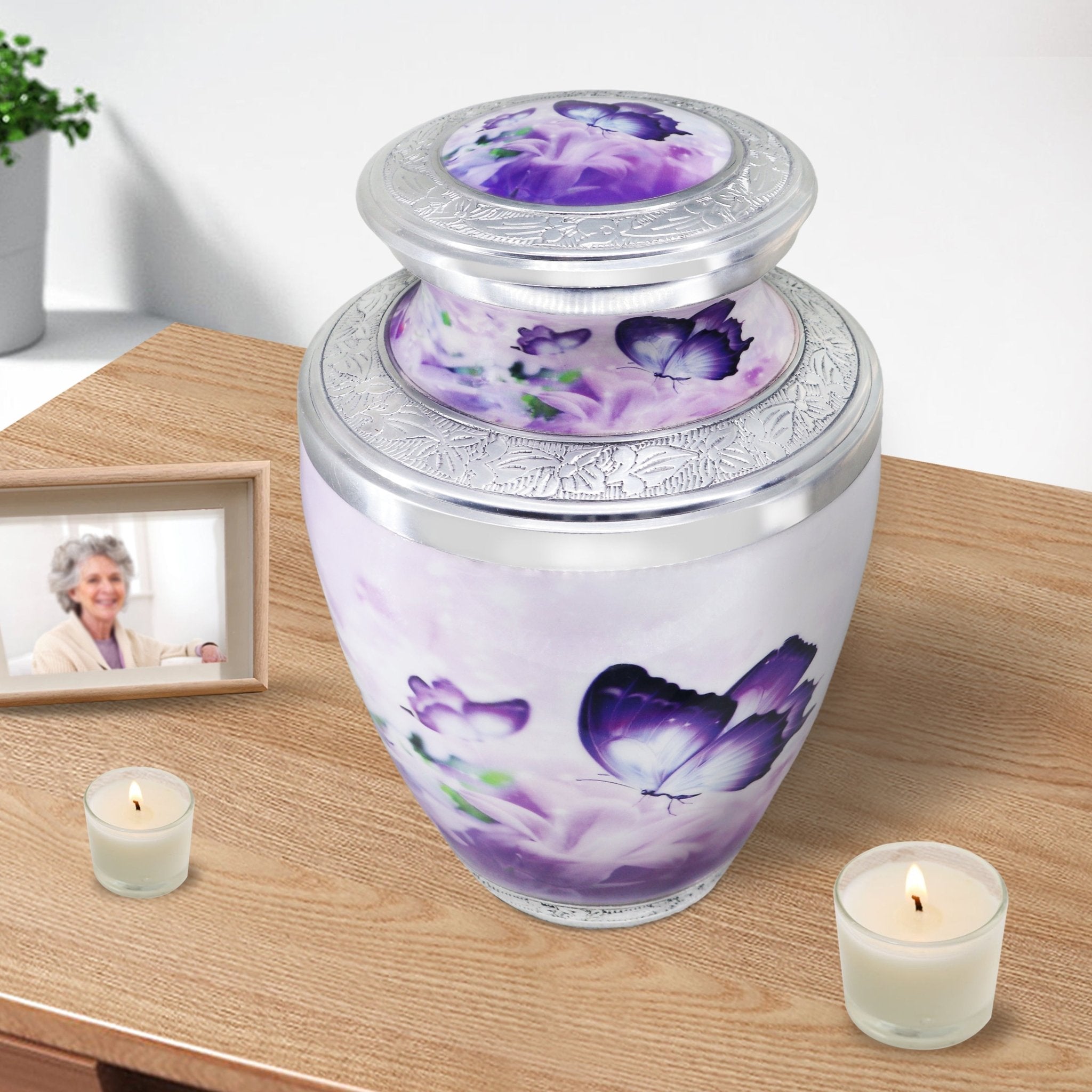 Decorative purple cremation urns for human ashes for mom, engraved floral urn for cremated remains with secure seal