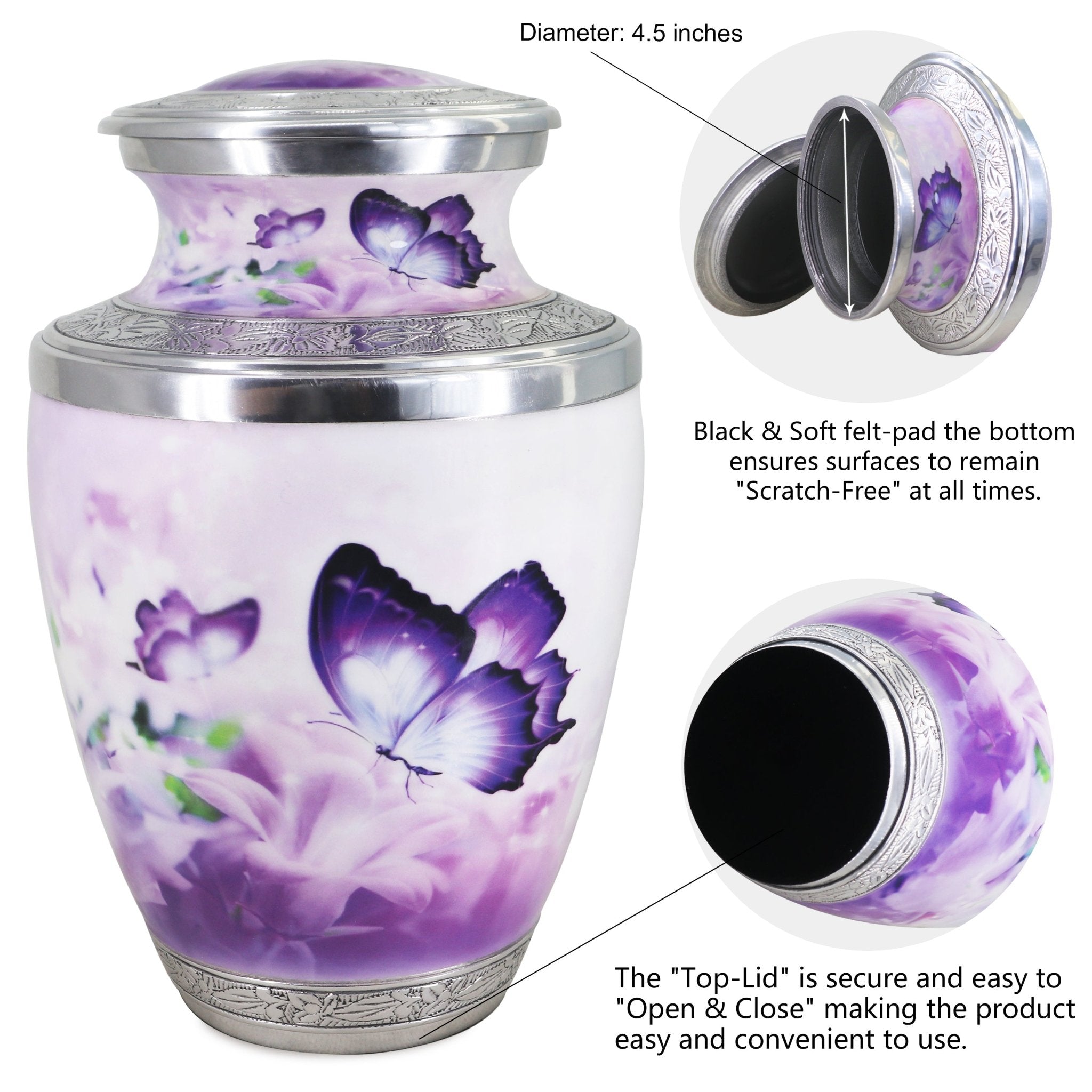 Detailed view of ashes in an urn for dad, purple butterfly urns for cremation ashes with threaded lid