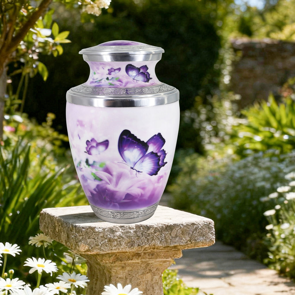 Full size purple urns for human ashes for parents, engraved floral cremation urns for adults for garden display