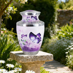 Full size purple urns for human ashes for parents, engraved floral cremation urns for adults for garden display