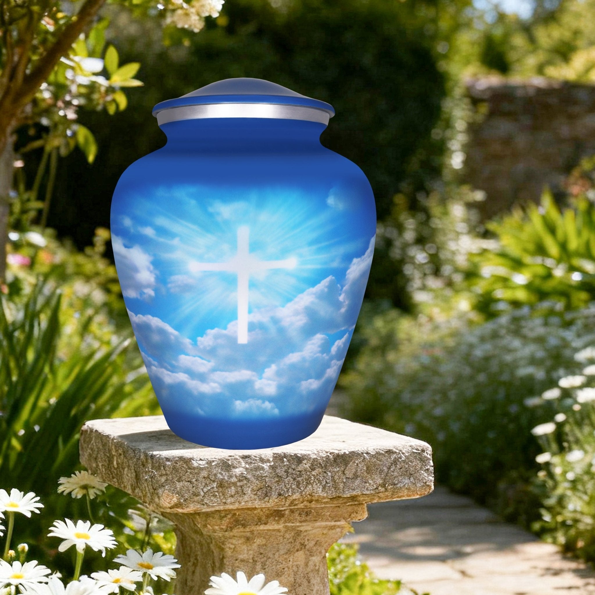 Blue sky cross memorial urn displayed outdoors on a garden stone among green foliage for peaceful remembrance