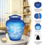 Full-size urn for human ashes with blue sky cross design, 200 cu in capacity, threaded top lid and size guide