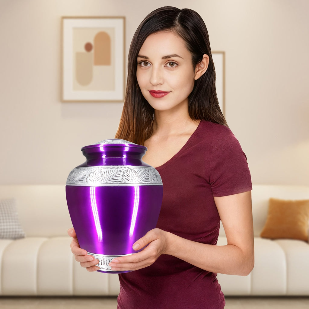 Lady holds shiny violet engraved band cremation urns for adults, sophisticated tribute urn for cherished mom’s remembrance