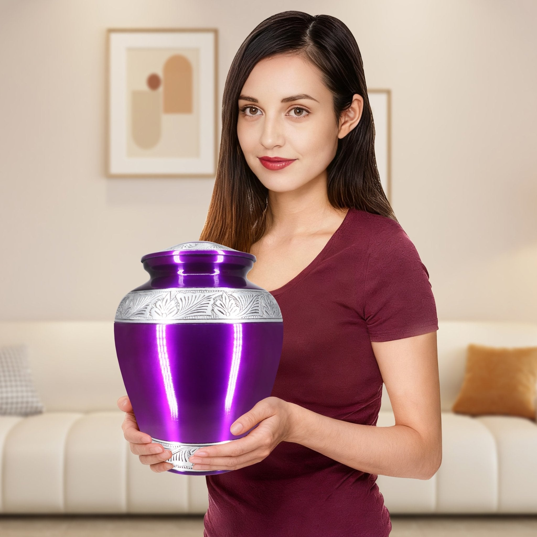 Lady holds shiny violet engraved band cremation urns for adults, sophisticated tribute urn for cherished mom’s remembrance