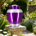Metallic purple trimmed aluminum burial urns for ashes for adults, peaceful garden resting vessel for beloved dad