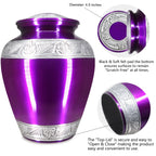 Polished purple band aluminum cremation containers for ashes, secure threaded lid built to store father’s cremated remains