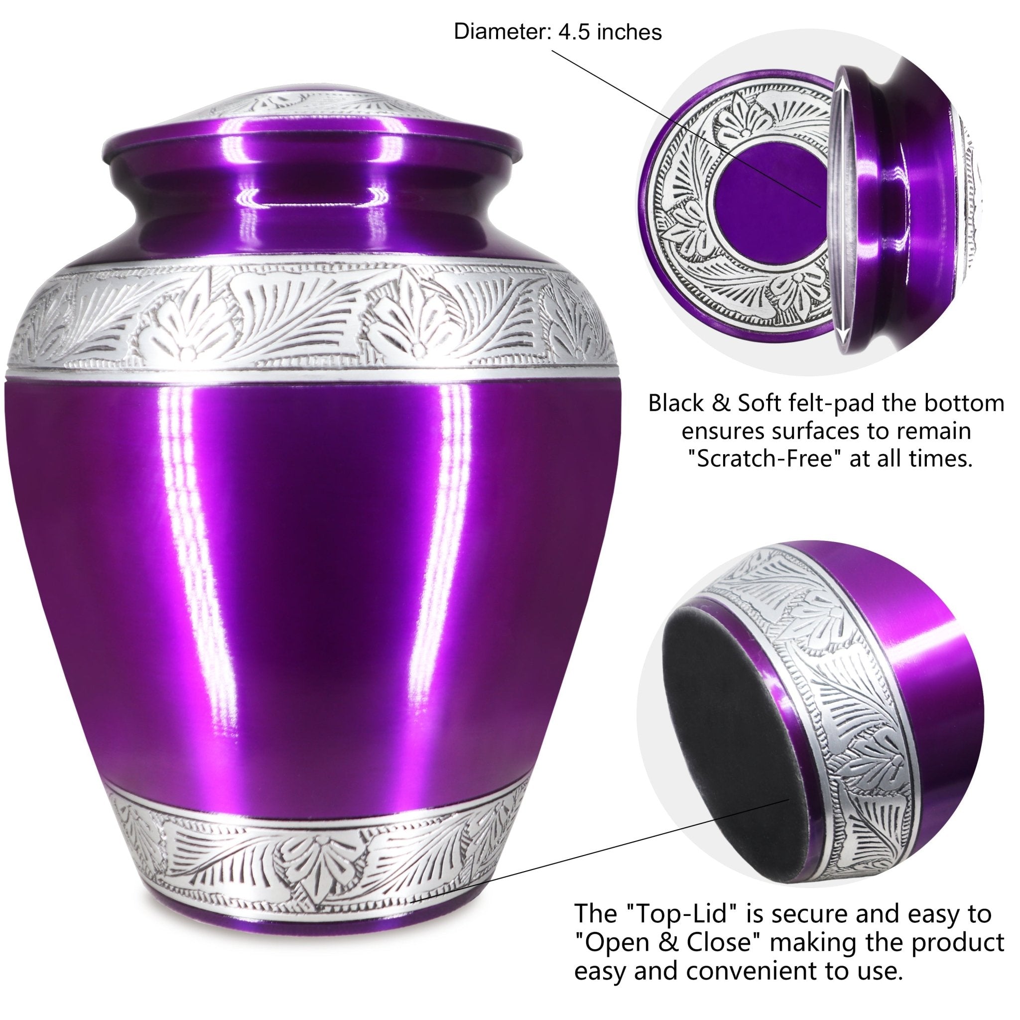 Polished purple band aluminum cremation containers for ashes, secure threaded lid built to store father’s cremated remains