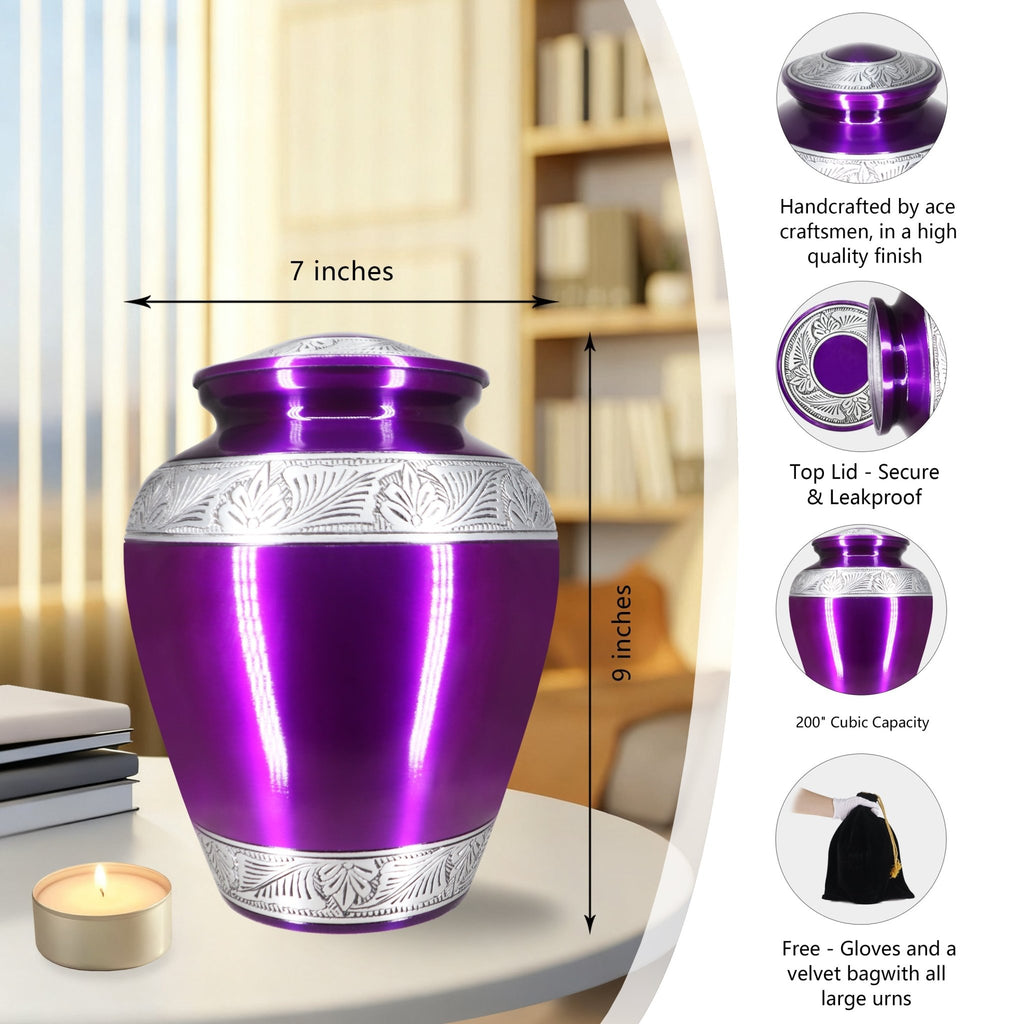 Vibrant violet engraved trim aluminum urns for cremation ashes, full adult size kit crafted in memory of dear mother