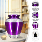 Vibrant violet engraved trim aluminum urns for cremation ashes, full adult size kit crafted in memory of dear mother
