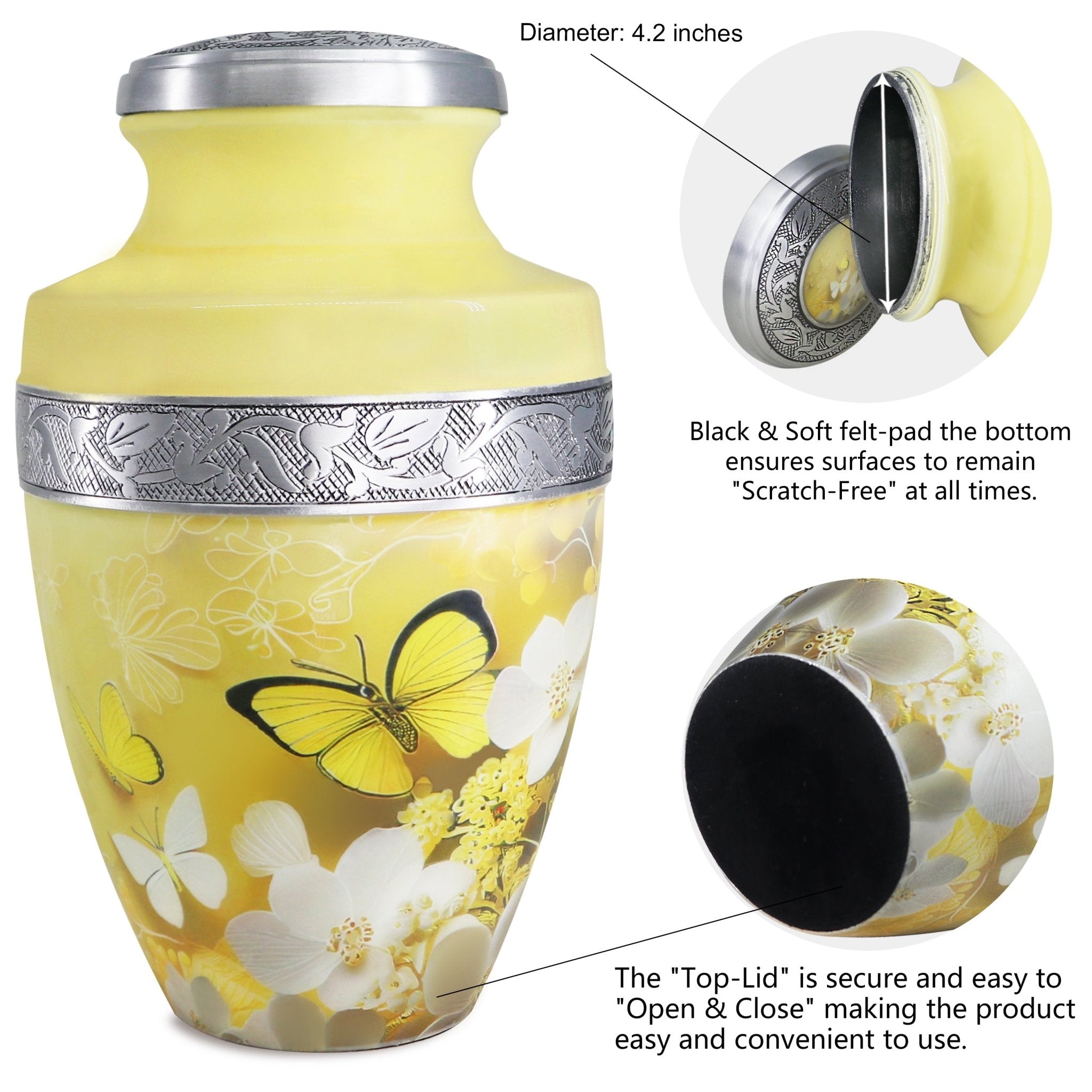 Cremation containers with screw top, winged butterfly artwork and hand engraved trim for lasting remembrance