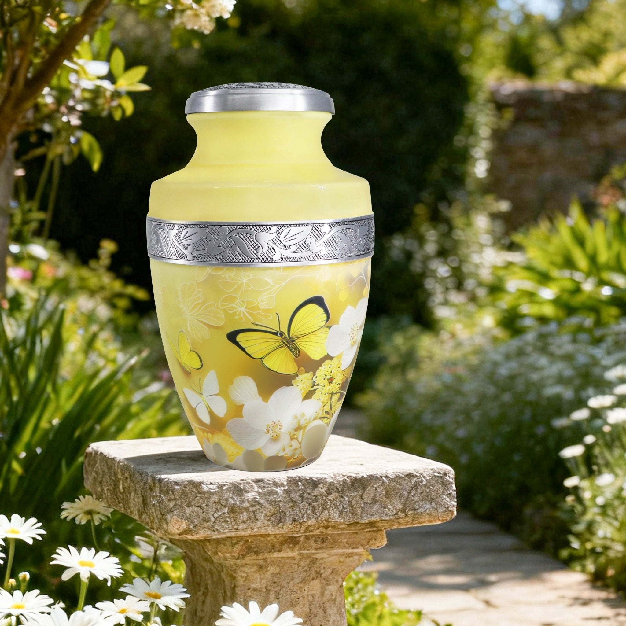 Burial urns with yellow butterfly blossoms resting outdoors, peaceful tribute celebrating a loved one's life
