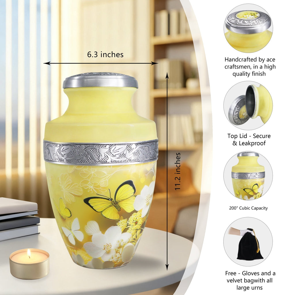 Cremation urns for human ashes adult with floral butterflies, secure closure and elegant handcrafted finish