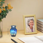 Tiny urns for ashes with a blue Tree of Life beside a family photo, honoring a beloved dad with lasting love