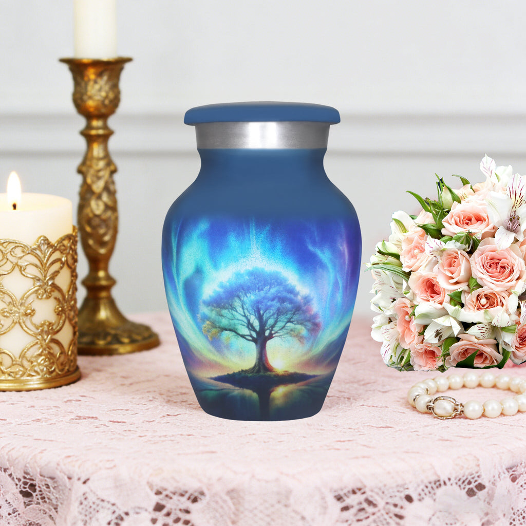 Small urns for ashes with a cosmic galaxy Tree of Life displayed beside candles for a peaceful memorial