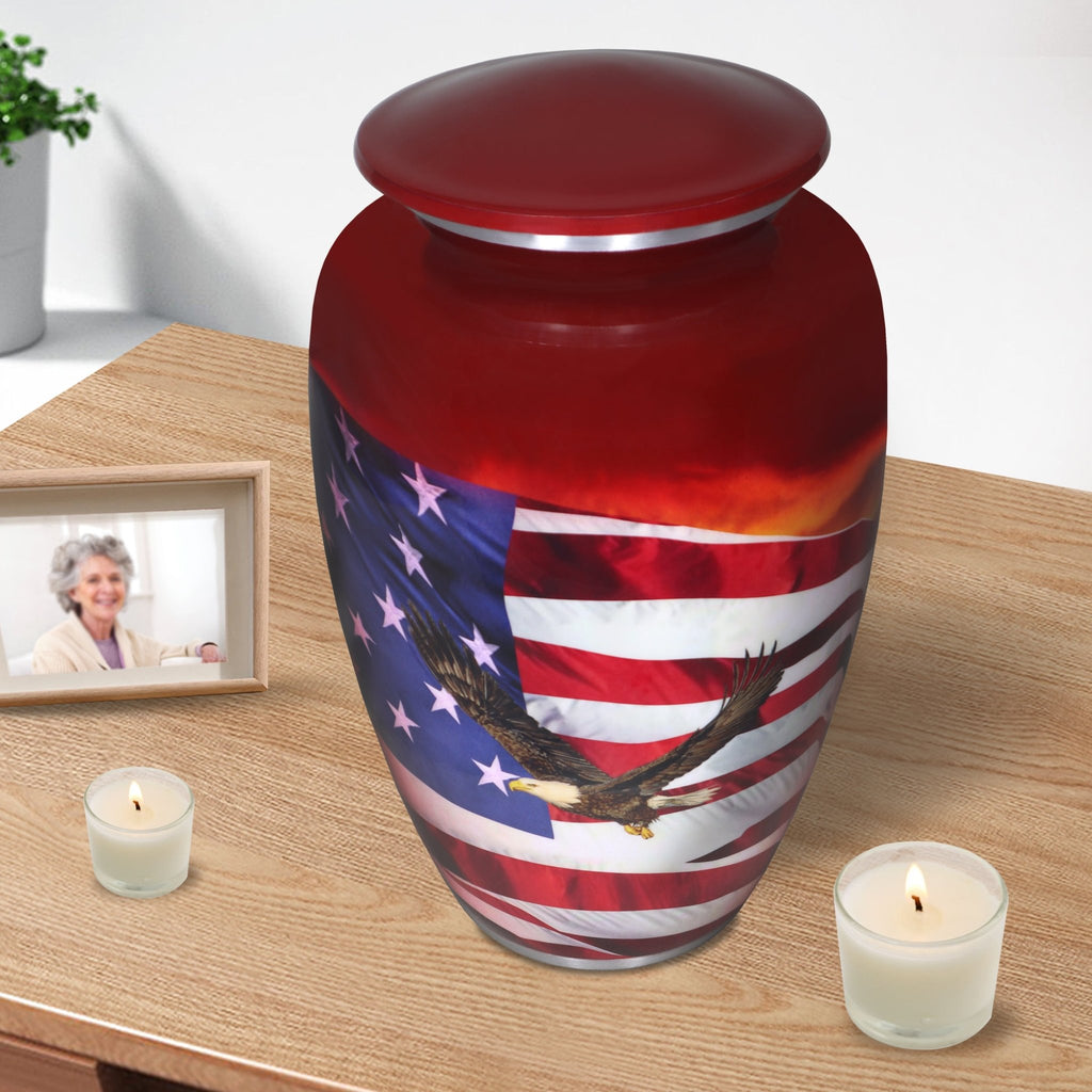 Elegant burial urn for adult ashes, red aluminum patriotic hero eagle flag military urns with threaded lid for home memorial
