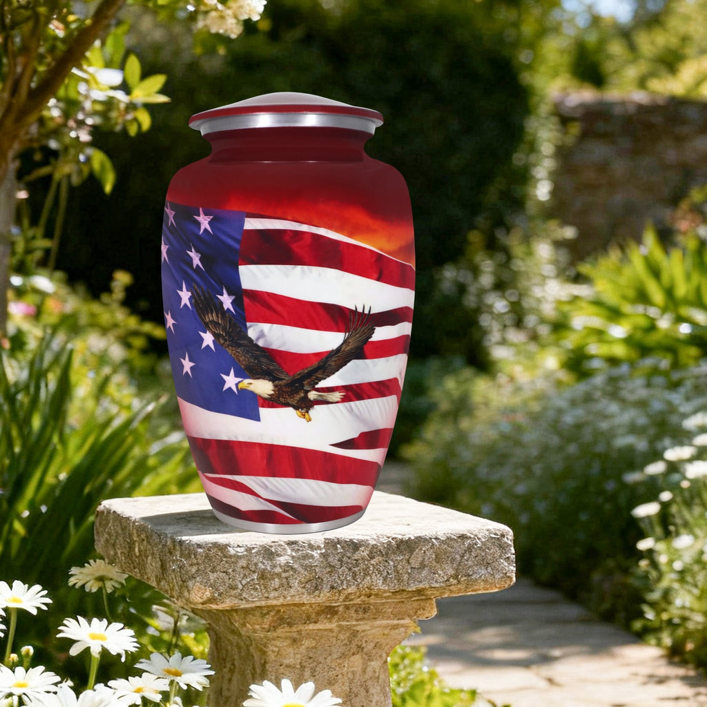 Decorative funeral urn for veteran, red metal US flag bald eagle large urn with threaded lid for outdoor garden