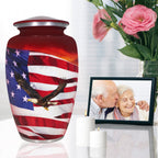 Modern red urn for cremation ashes, patriotic serviceman eagle flag aluminum urn for mom and dad with threaded seal