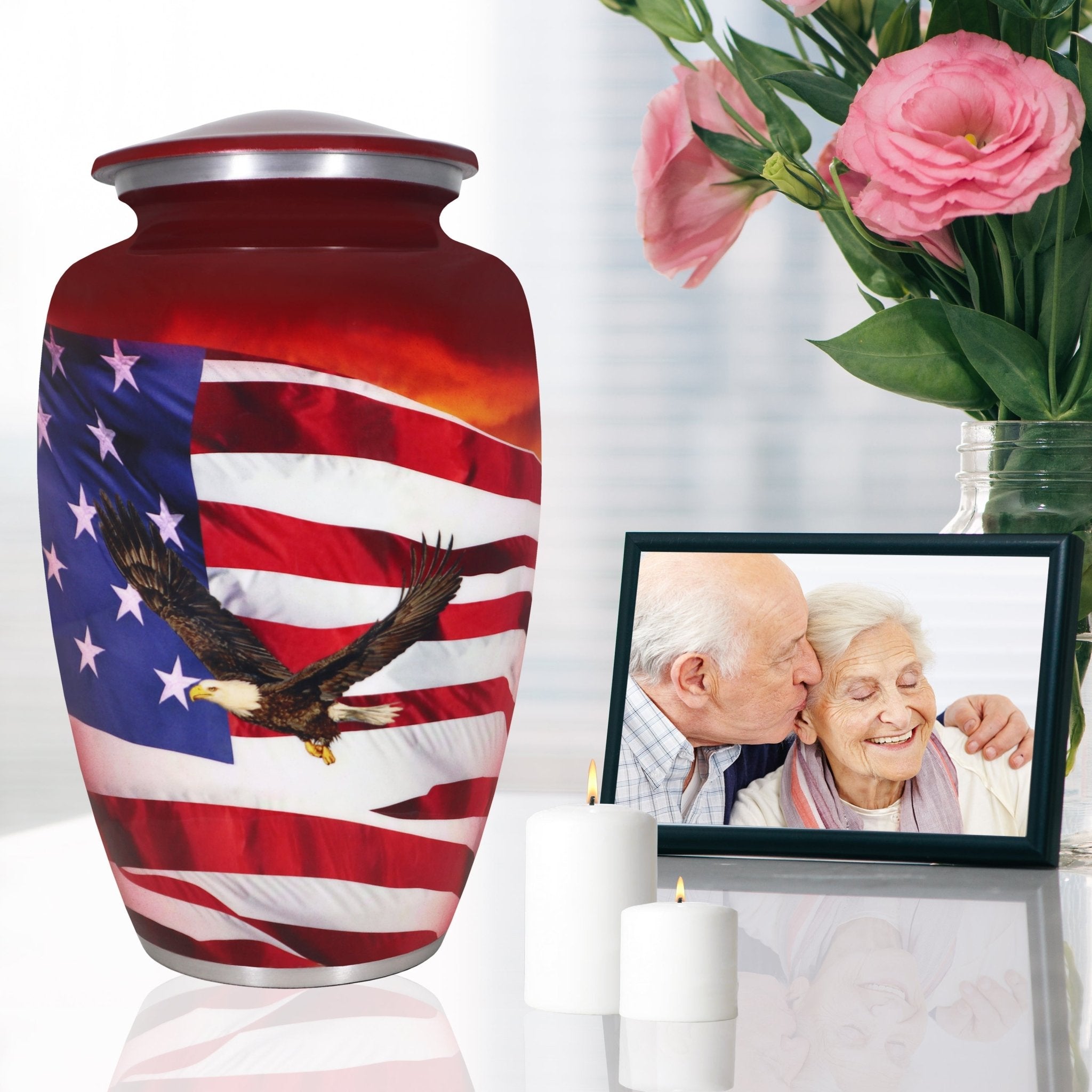 Modern red urn for cremation ashes, patriotic serviceman eagle flag aluminum urn for mom and dad with threaded seal