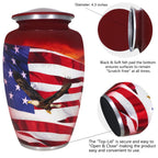 Red aluminum cremation container for ashes, military patriotic eagle flag adult urn with airtight threaded lid detail