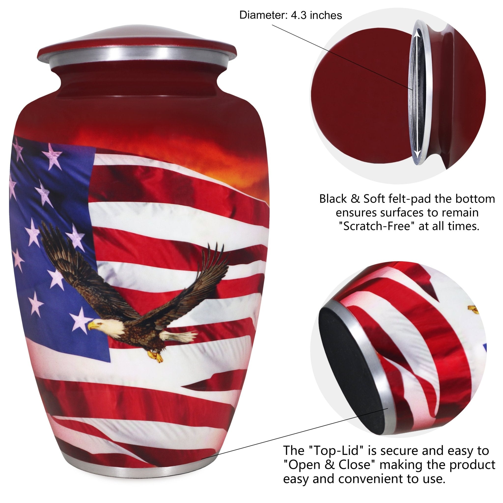 Red aluminum cremation container for ashes, military patriotic eagle flag adult urn with airtight threaded lid detail