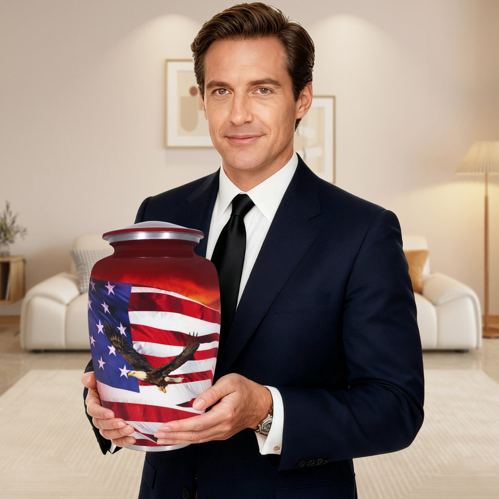 Big urn for ashes for adult male, war veteran eagle flag red aluminum urn with threaded lid size reference