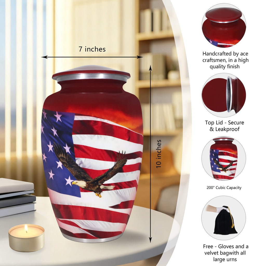 Unique full size cremation urn for adults, soldier eagle flag red military urn with threaded lid & accessory set
