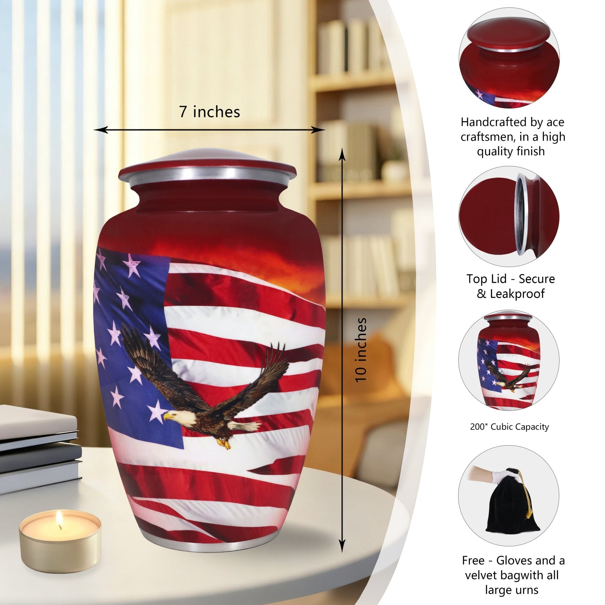 Unique full size cremation urn for adults, soldier eagle flag red military urn with threaded lid & accessory set