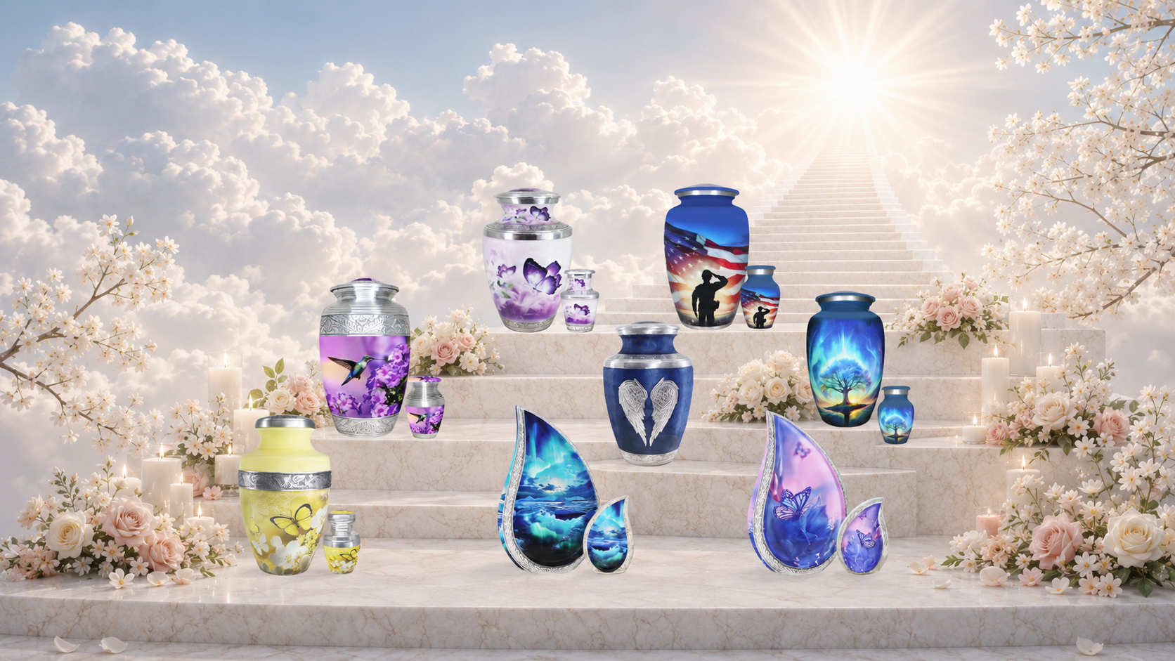 MEILINXU cremation urns for human ashes displayed in a peaceful memorial garden