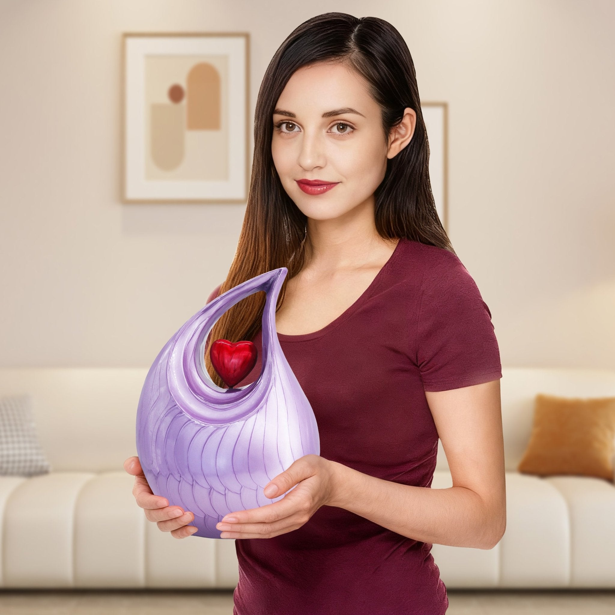 Handheld size view of large purple funeral urn for adult ashes, fits 200lb person, shown in hand for scale reference