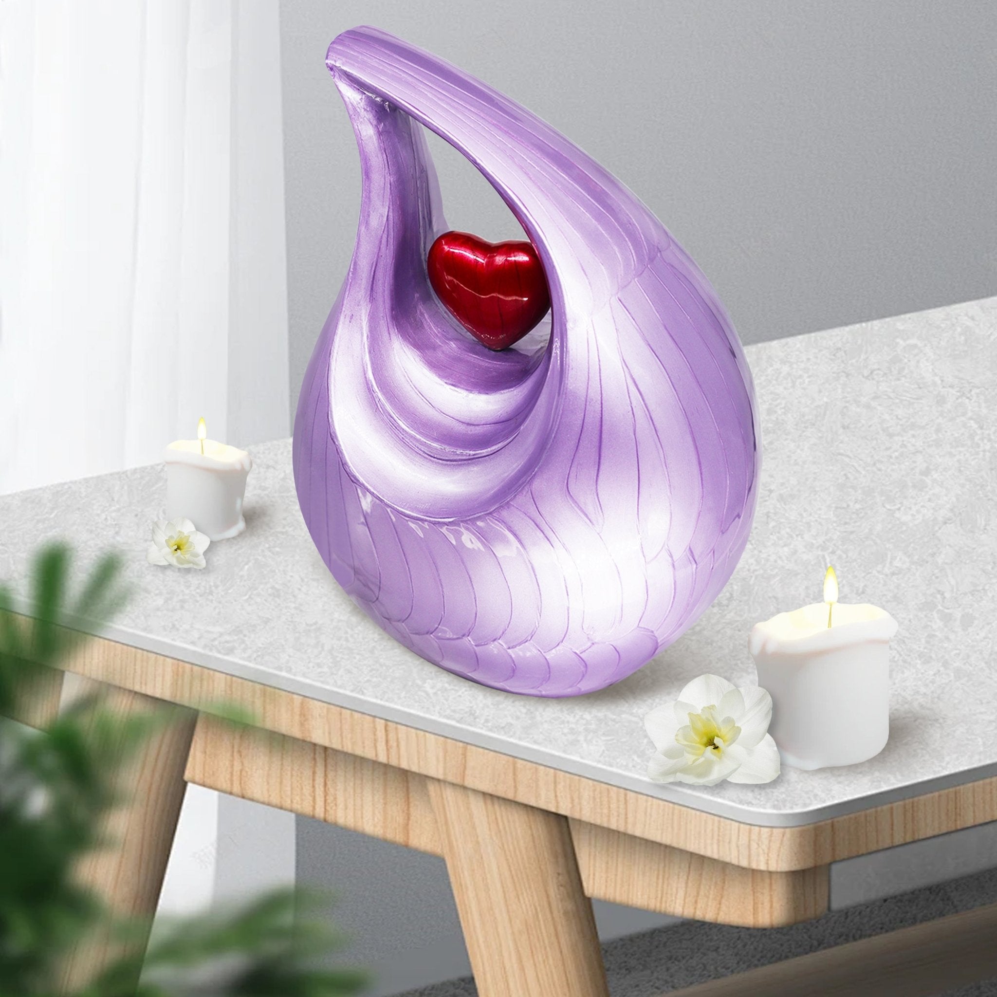 Purple decorative urn displayed on living room shelf, beautiful memorial keepsake urn for home interior decoration