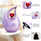 Purple teardrop urn with black velvet protective pouch, soft storage bag included with every cremation urn order