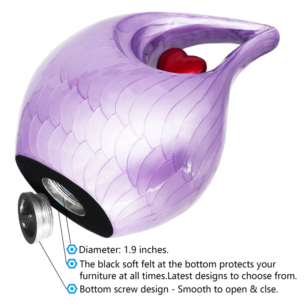 Bottom view of purple metal urn with secure screw lid, threaded closure ensures ashes stay safely sealed inside