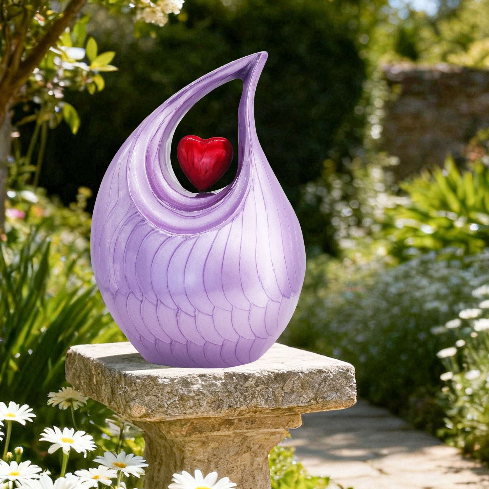 Purple cremation urn resting on garden stone, peaceful outdoor memorial urn for backyard or garden remembrance