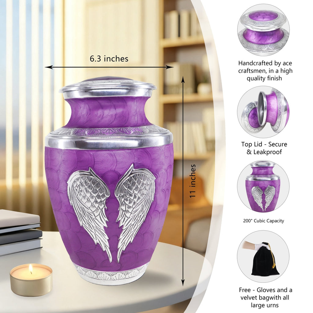 Full size purple etched angel wing cremation urns for adults for father, with size chart and accessory set