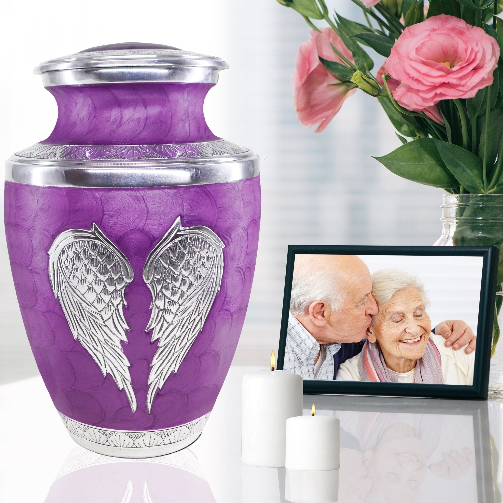 Soft purple hand-etched angel urns for human ashes for mother, decorative memorial urn for home display