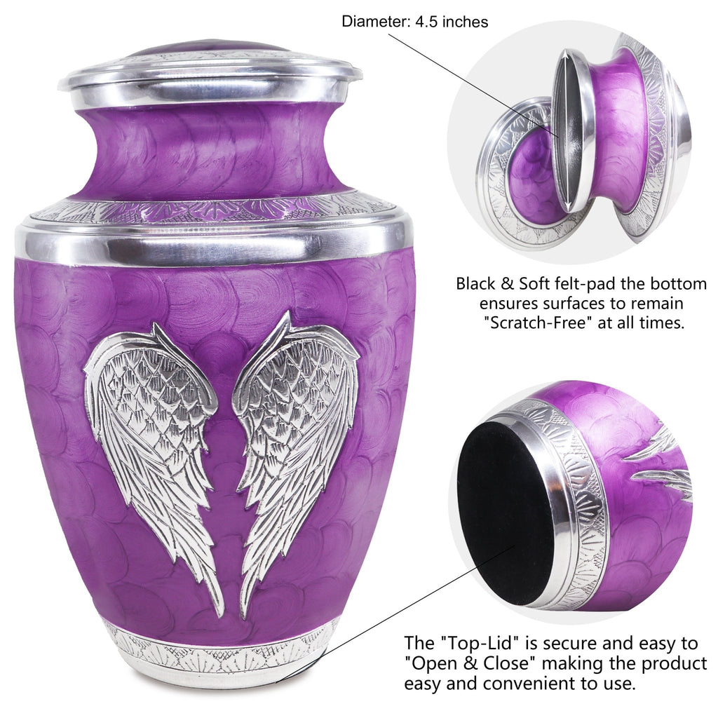 ****
Close-up purple engraved angel wing urns for cremated remains for dad, with secure threaded seal detail