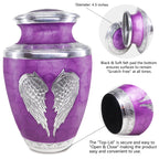 ****
Close-up purple engraved angel wing urns for cremated remains for dad, with secure threaded seal detail