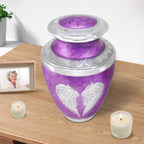 Elegant purple handcrafted angel wing urns for cremation ashes for grandpa, tabletop memorial metal urn