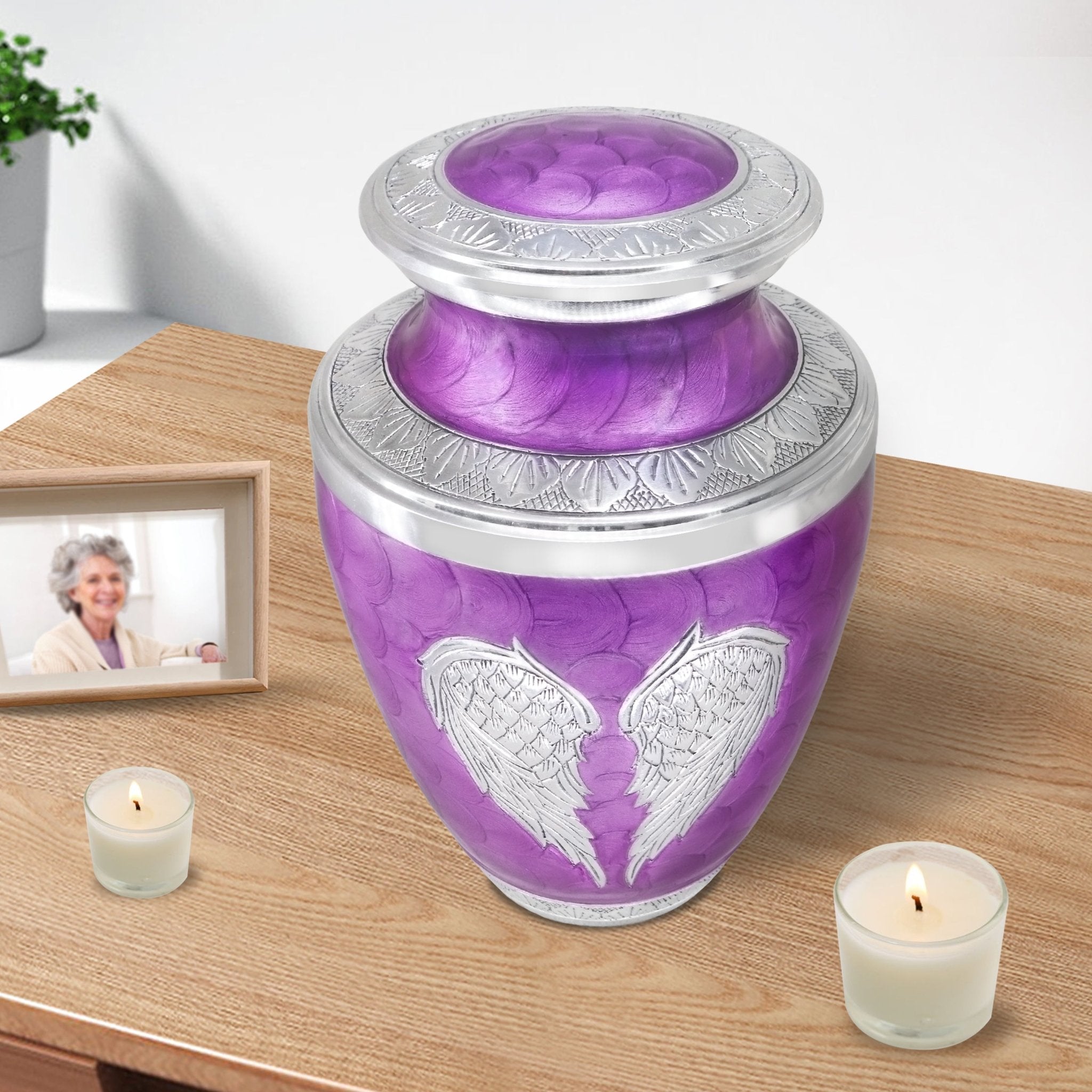 Elegant purple handcrafted angel wing urns for cremation ashes for grandpa, tabletop memorial metal urn