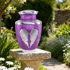 Serene purple finely engraved angel wing cremation urns for human ashes for parents, outdoor garden burial urn